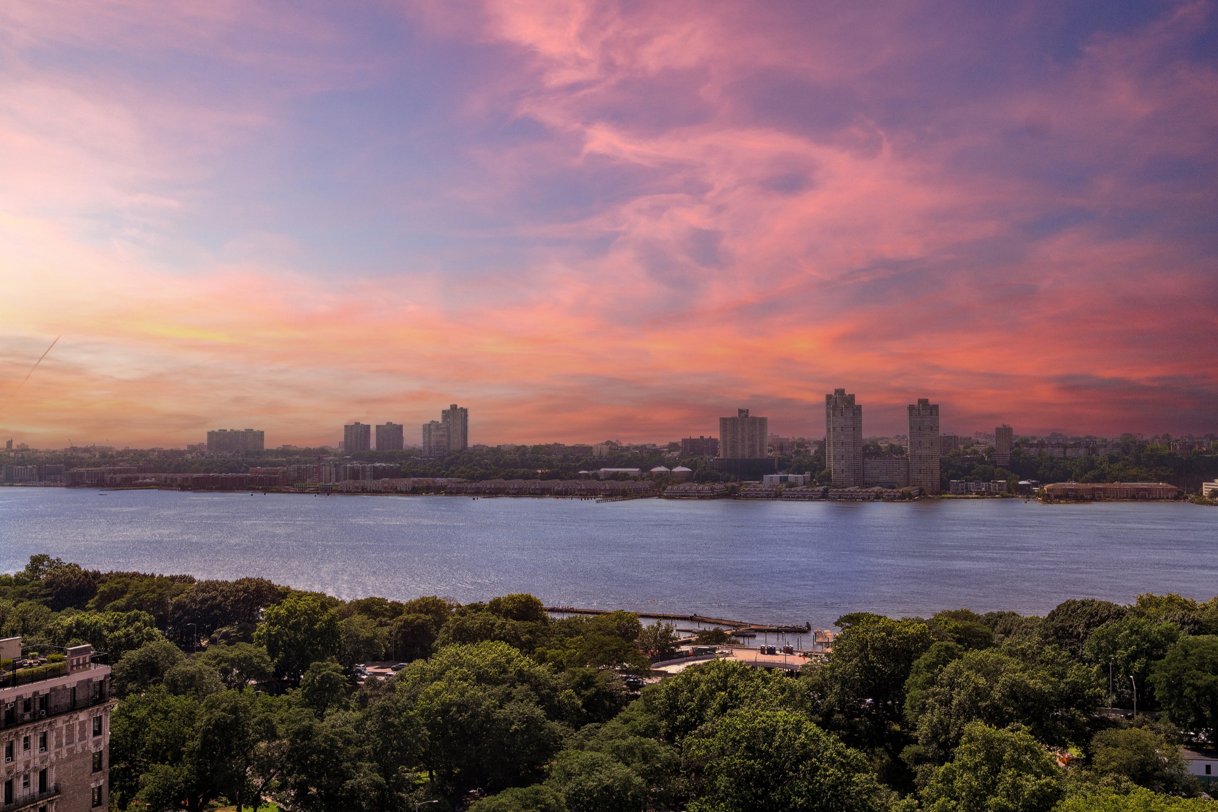 The same Hudson River view at sunset